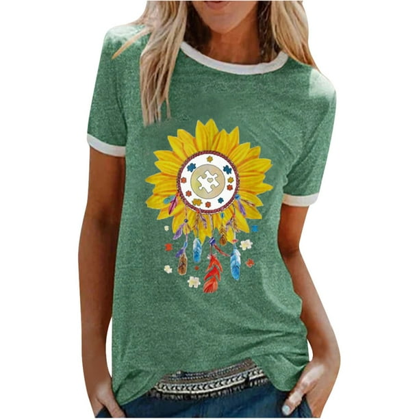 Womens Loose Tee Holiday Shirt Ladies Blouse Daisy Short Sleeve Pullover Tops 
